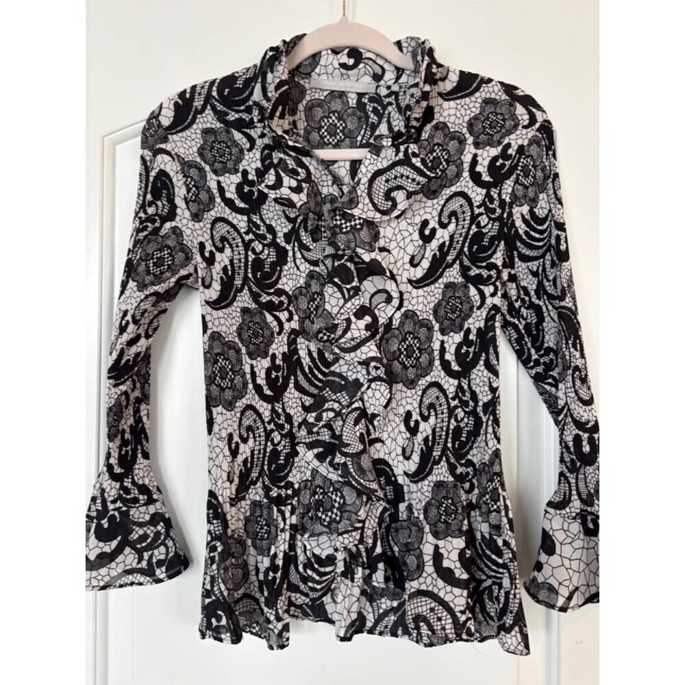 Women’s medium black and white lace blouse bell sleeves ruffle  whimsy goth fair